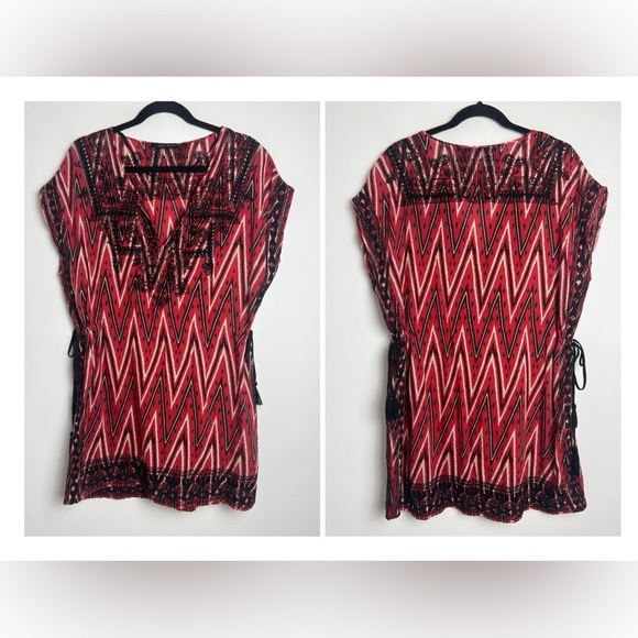 NWOT Zara Woman Red & Black Aztec Print Embroidered Coverup Tunic Dress Boho L - Picture 1 of 12